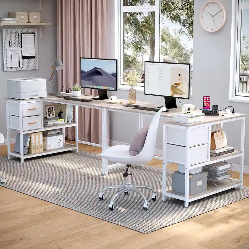 Bureau d'ordinateur en forme de L avec station de charge, bureau d'angle réversible pour PC avec tiroir