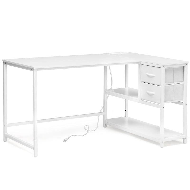 Bureau d'ordinateur en forme de L avec station de charge, bureau d'angle réversible pour PC avec tiroir