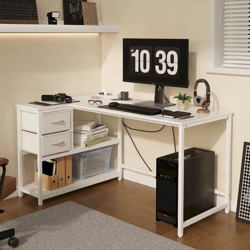 Bureau d'ordinateur en forme de L avec station de charge, bureau d'angle réversible pour PC avec tiroir
