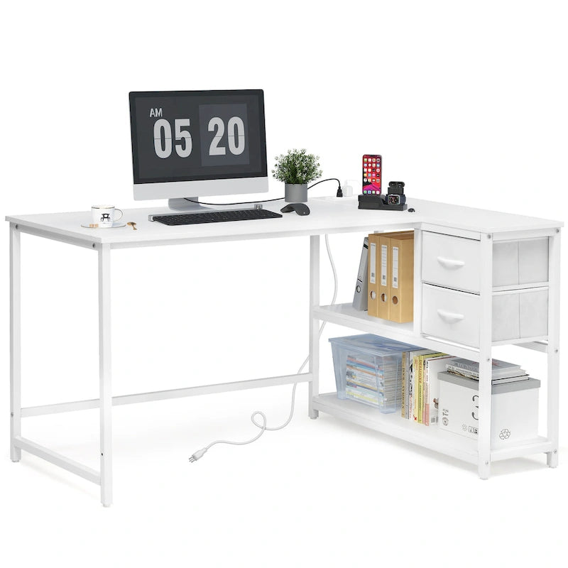 Bureau d'ordinateur en forme de L avec station de charge, bureau d'angle réversible pour PC avec tiroir