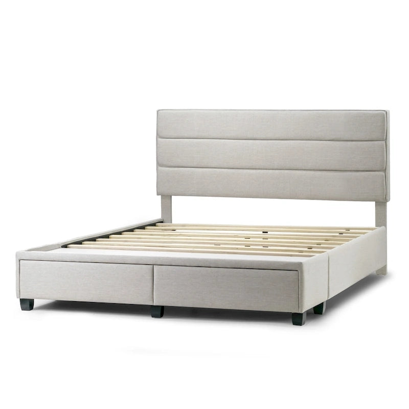 Lit de capitaine en tissu beige Arnia avec deux tiroirs