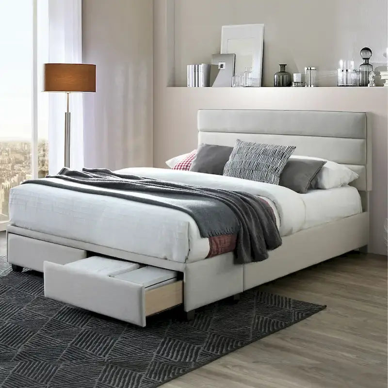 Lit de capitaine en tissu beige Arnia avec deux tiroirs