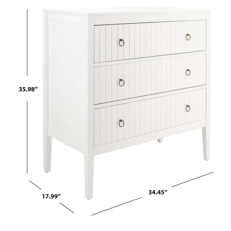 Commode blanche à 3 tiroirs | Poignées anneaux en laiton | Style Parson