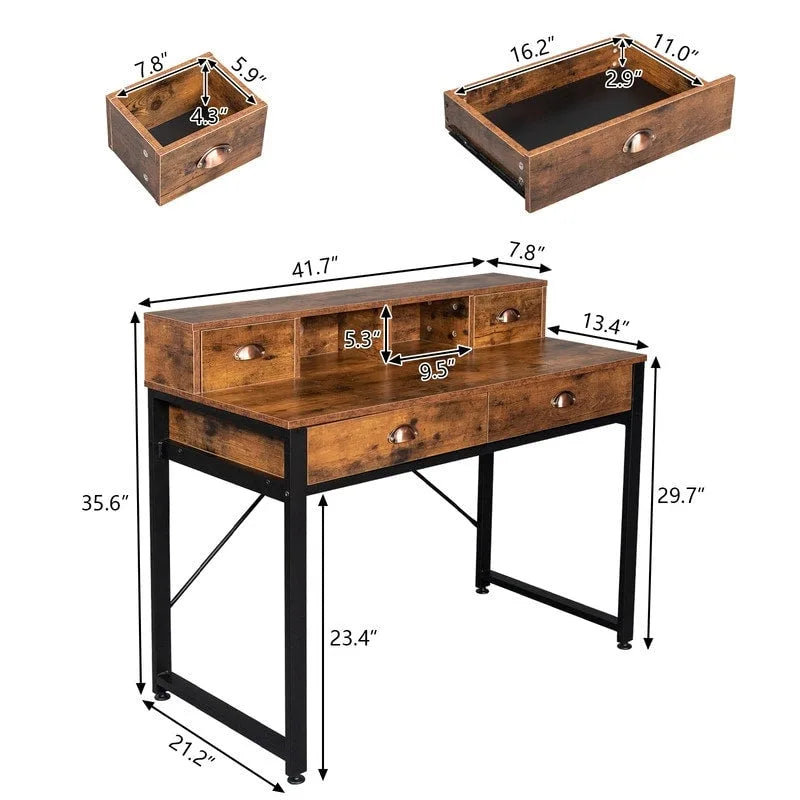 Bureau informatique à 4 tiroirs en panneau de particules et cadre en acier noir