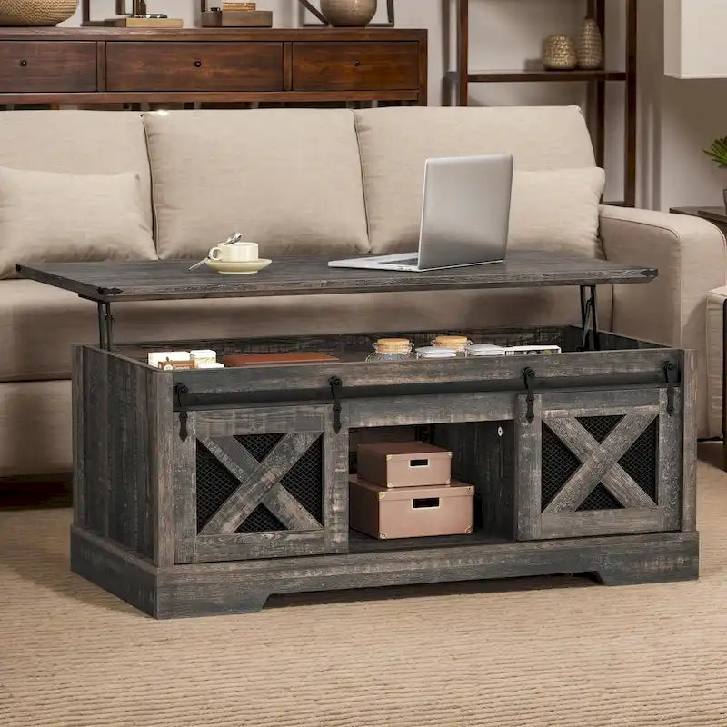 Chêne / Espresso / Dessus Marron+Blanc | Table Basse Relevable avec Porte Coulissante et Rangement Caché | 1 Place