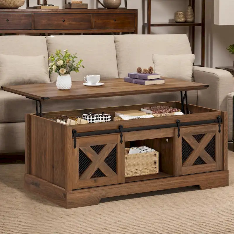 Chêne / Espresso / Dessus Marron+Blanc | Table Basse Relevable avec Porte Coulissante et Rangement Caché | 1 Place
