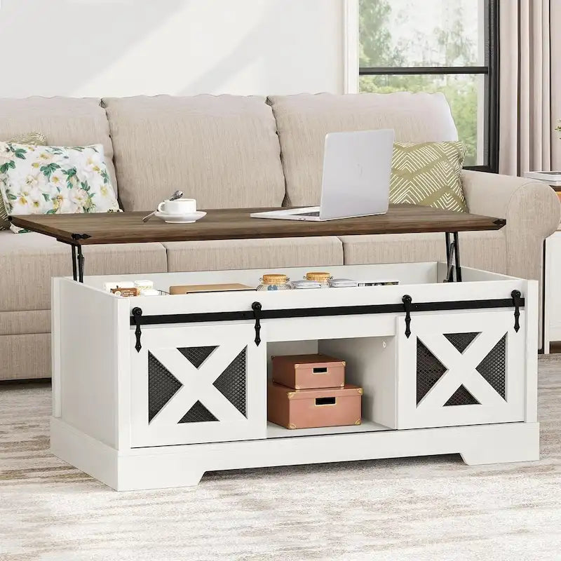 Chêne / Espresso / Dessus Marron+Blanc | Table Basse Relevable avec Porte Coulissante et Rangement Caché | 1 Place