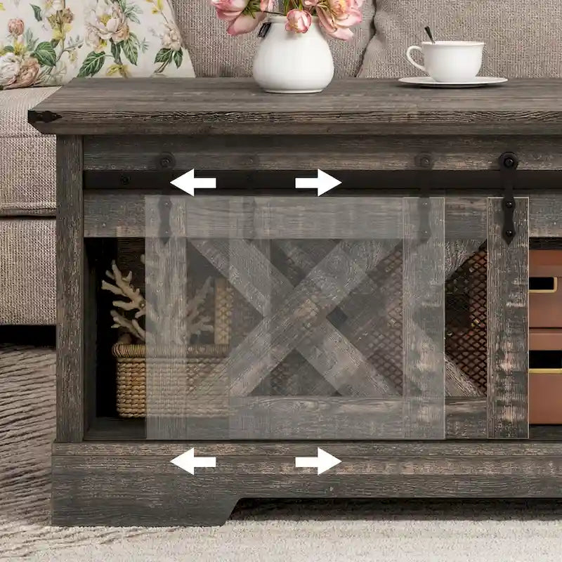 Chêne / Espresso / Dessus Marron+Blanc | Table Basse Relevable avec Porte Coulissante et Rangement Caché | 1 Place