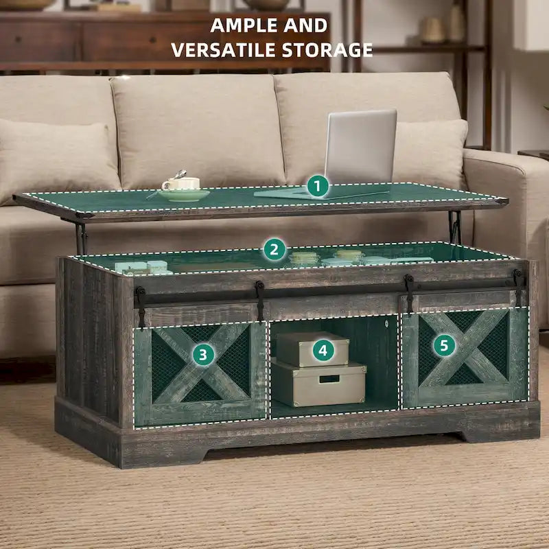 Chêne / Espresso / Dessus Marron+Blanc | Table Basse Relevable avec Porte Coulissante et Rangement Caché | 1 Place