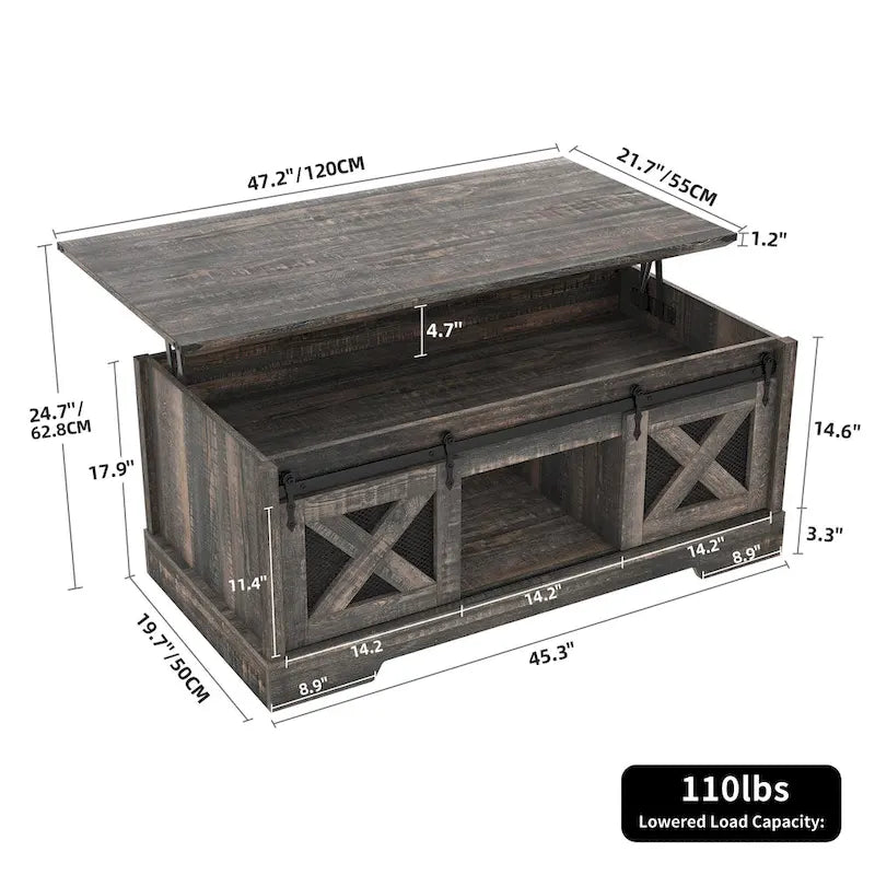 Chêne / Espresso / Dessus Marron+Blanc | Table Basse Relevable avec Porte Coulissante et Rangement Caché | 1 Place