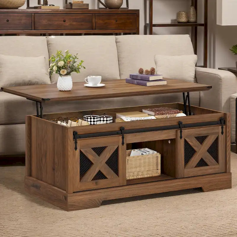Chêne / Espresso / Dessus Marron+Blanc | Table Basse Relevable avec Porte Coulissante et Rangement Caché | 1 Place