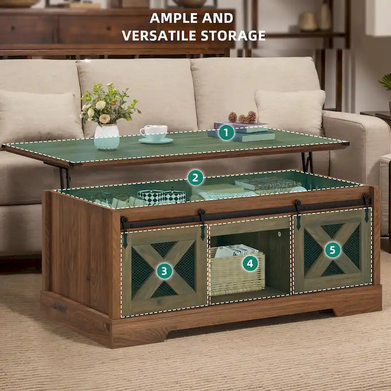 Chêne / Espresso / Dessus Marron+Blanc | Table Basse Relevable avec Porte Coulissante et Rangement Caché | 1 Place