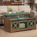 Chêne / Espresso / Dessus Marron+Blanc | Table Basse Relevable avec Porte Coulissante et Rangement Caché | 1 Place