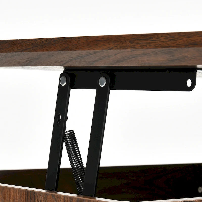 Chêne / Espresso / Dessus Marron+Blanc | Table Basse Relevable avec Porte Coulissante et Rangement Caché | 1 Place