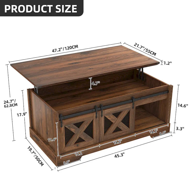 Chêne / Espresso / Dessus Marron+Blanc | Table Basse Relevable avec Porte Coulissante et Rangement Caché | 1 Place