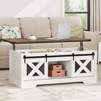 Chêne / Espresso / Dessus Marron+Blanc | Table Basse Relevable avec Porte Coulissante et Rangement Caché | 1 Place