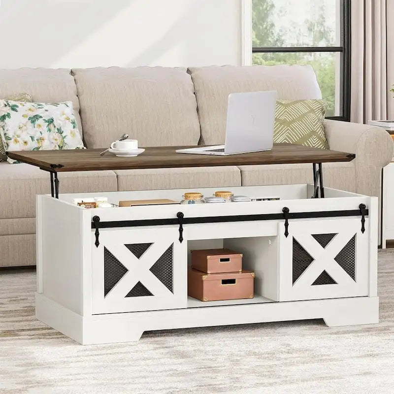 Chêne / Espresso / Dessus Marron+Blanc | Table Basse Relevable avec Porte Coulissante et Rangement Caché | 1 Place