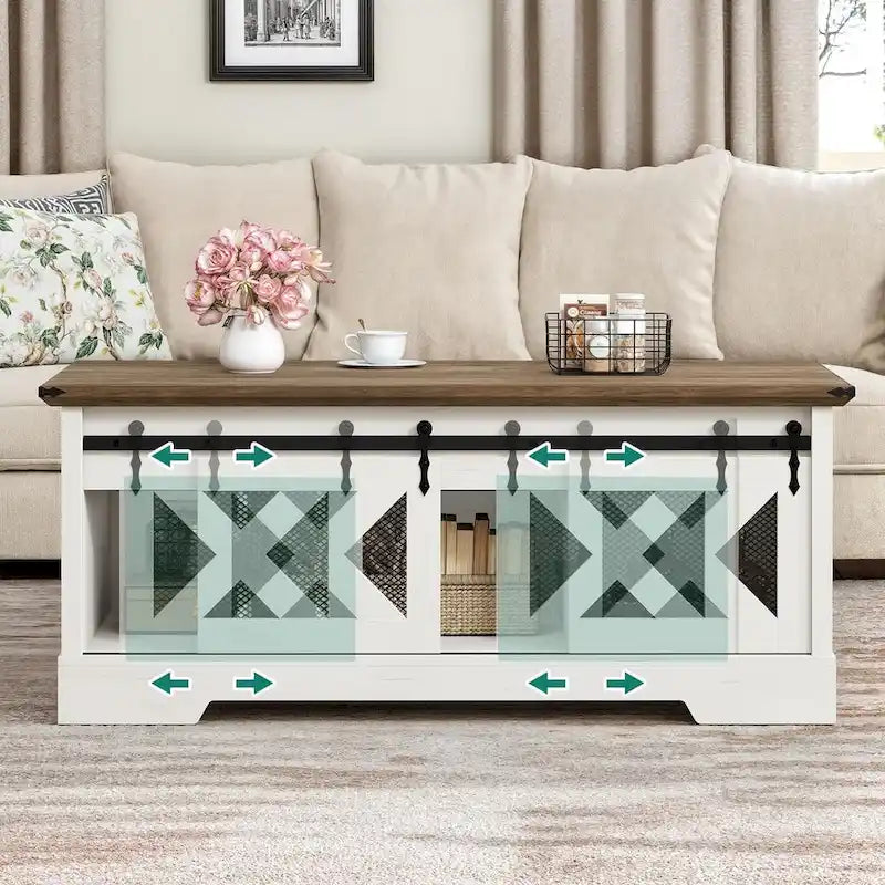Chêne / Espresso / Dessus Marron+Blanc | Table Basse Relevable avec Porte Coulissante et Rangement Caché | 1 Place