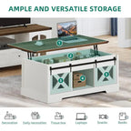Chêne / Espresso / Dessus Marron+Blanc | Table Basse Relevable avec Porte Coulissante et Rangement Caché | 1 Place