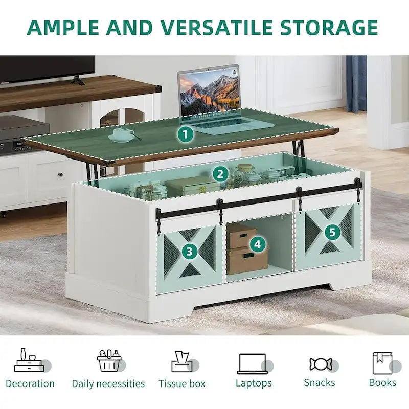Chêne / Espresso / Dessus Marron+Blanc | Table Basse Relevable avec Porte Coulissante et Rangement Caché | 1 Place
