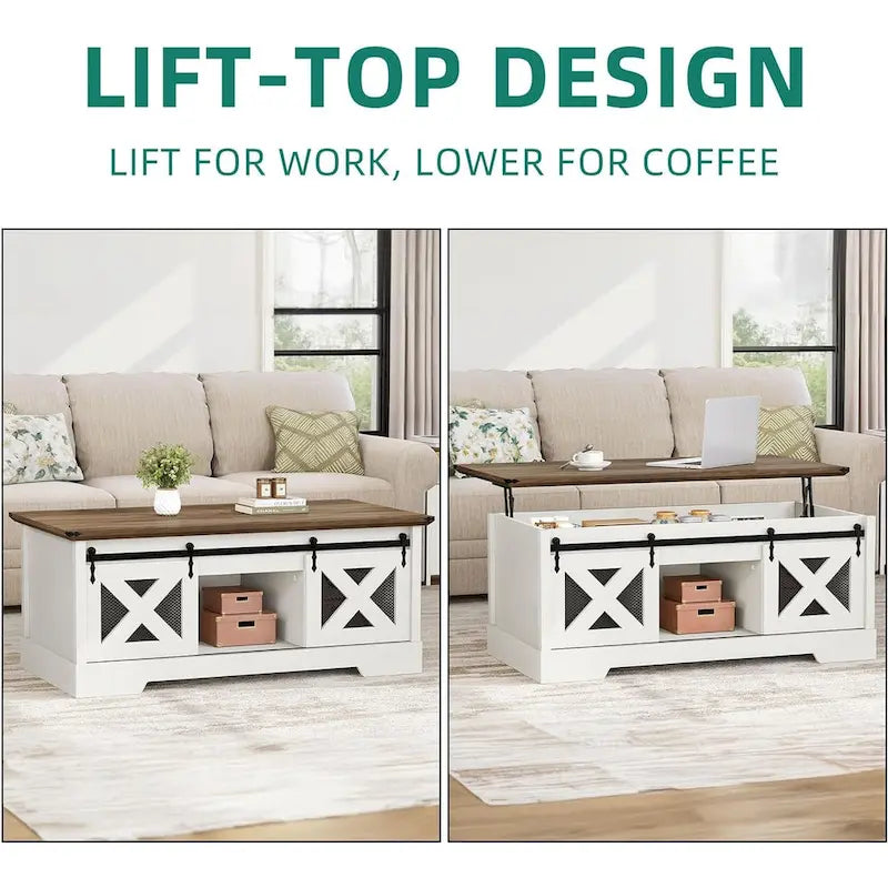 Chêne / Espresso / Dessus Marron+Blanc | Table Basse Relevable avec Porte Coulissante et Rangement Caché | 1 Place