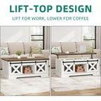 Chêne / Espresso / Dessus Marron+Blanc | Table Basse Relevable avec Porte Coulissante et Rangement Caché | 1 Place