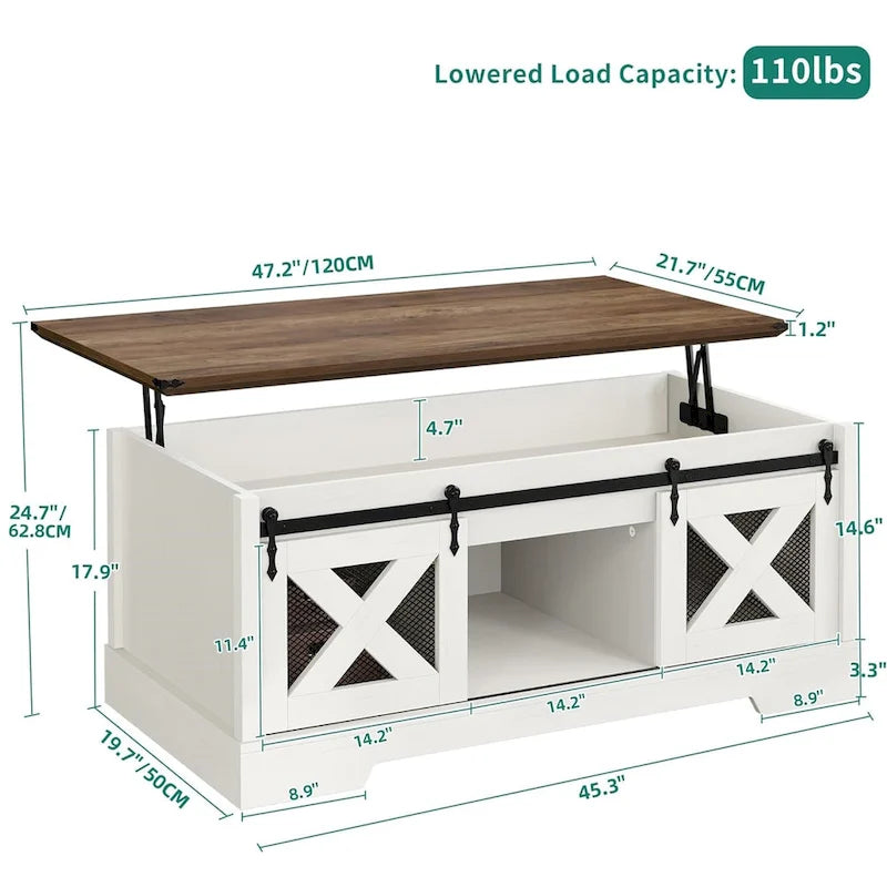 Chêne / Espresso / Dessus Marron+Blanc | Table Basse Relevable avec Porte Coulissante et Rangement Caché | 1 Place