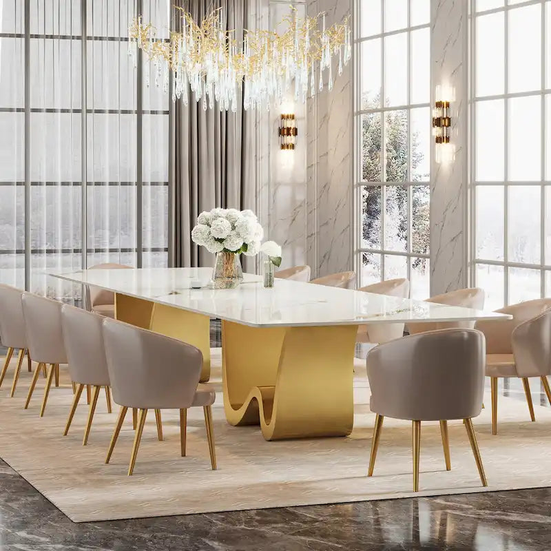 79 Table à manger moderne pour 8 personnes, rectangulaire, de luxe, blanche et dorée, avec plateau en pierre frittée