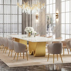 79 Table à manger moderne pour 8 personnes, rectangulaire, de luxe, blanche et dorée, avec plateau en pierre frittée