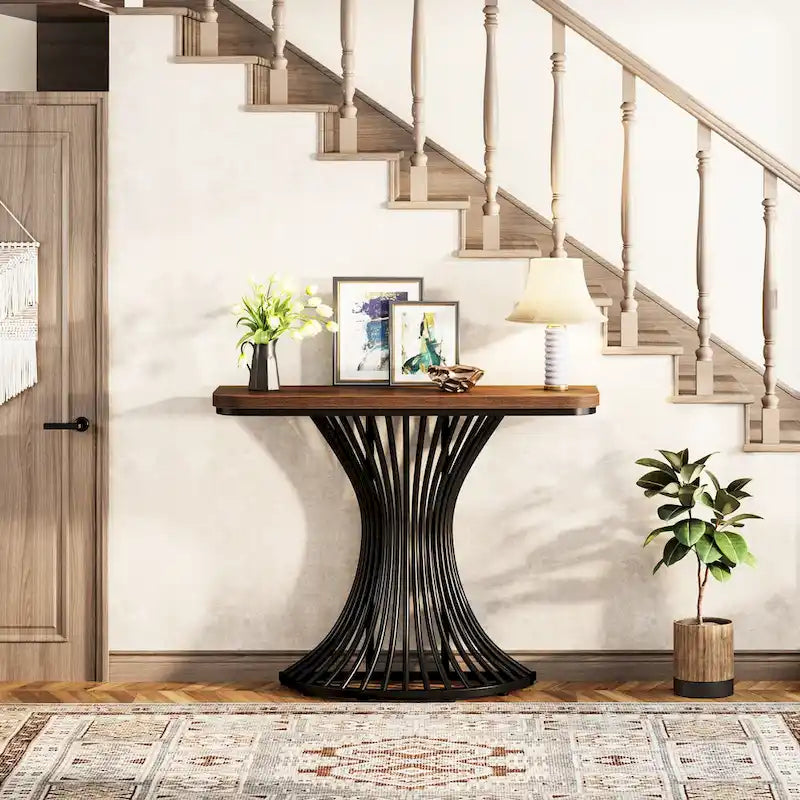 Table console industrielle de 39 pouces, petite table d'appoint de canapé avec base métallique géométrique - 39,37 (L) x 11,8 (P)