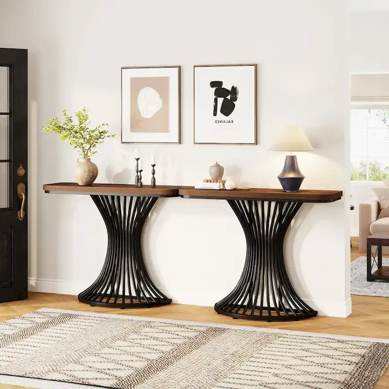 Table console industrielle de 39 pouces, petite table d'appoint de canapé avec base métallique géométrique - 39,37 (L) x 11,8 (P)