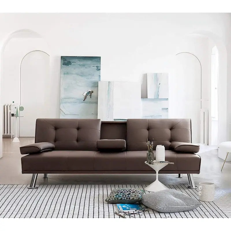 Furniwell Futon moderne en similicuir avec porte-gobelets et oreillers, 65