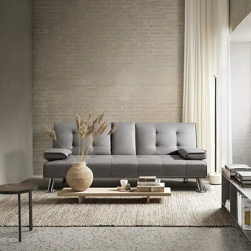Furniwell Futon moderne en similicuir avec porte-gobelets et oreillers, 65