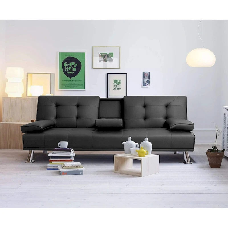 Furniwell Futon moderne en similicuir avec porte-gobelets et oreillers, 65