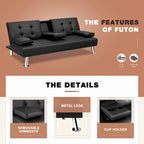 Furniwell Futon moderne en similicuir avec porte-gobelets et oreillers, 65