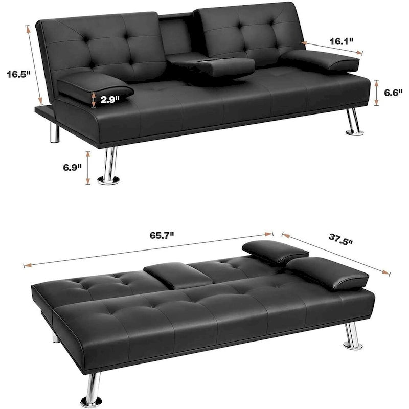 Furniwell Futon moderne en similicuir avec porte-gobelets et oreillers, 65