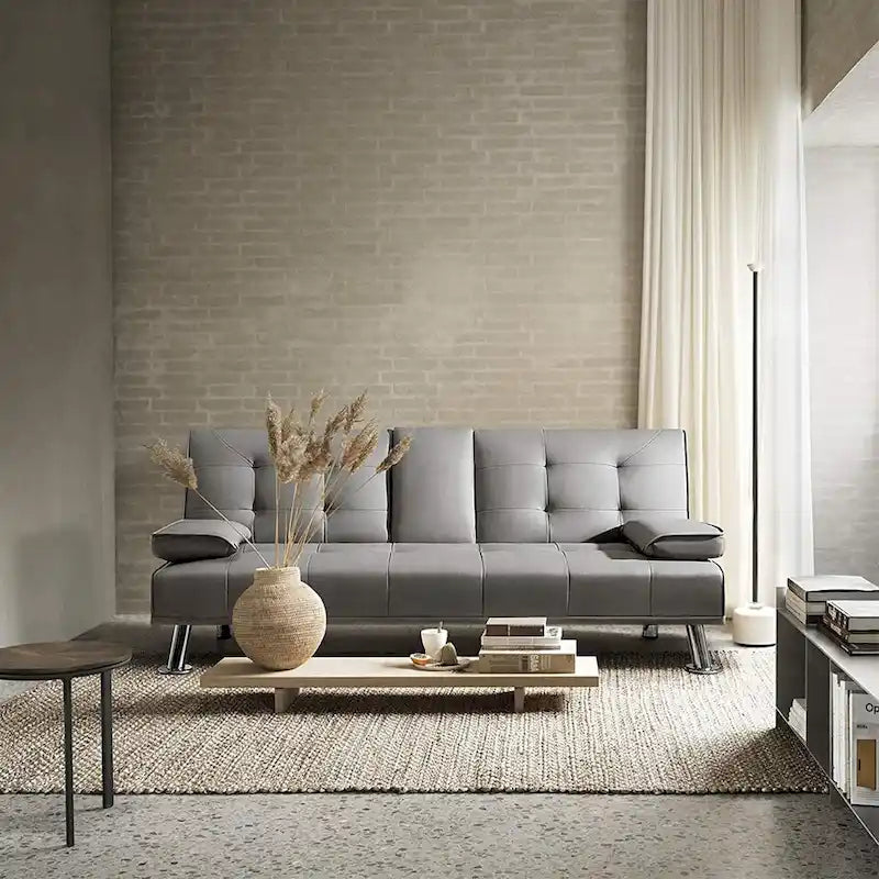 Furniwell Futon moderne en similicuir avec porte-gobelets et oreillers, 65