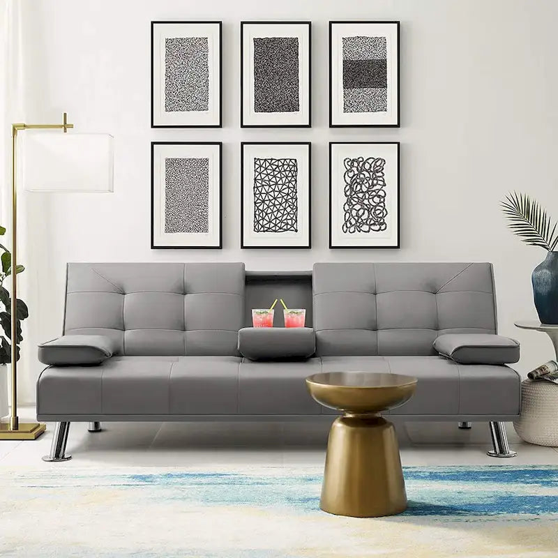 Furniwell Futon moderne en similicuir avec porte-gobelets et oreillers, 65