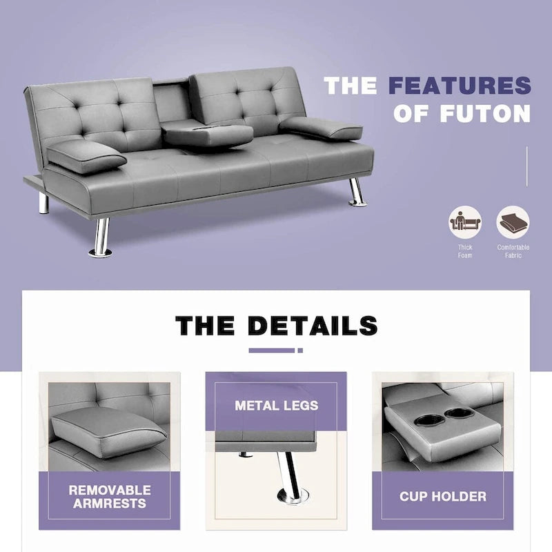 Furniwell Futon moderne en similicuir avec porte-gobelets et oreillers, 65