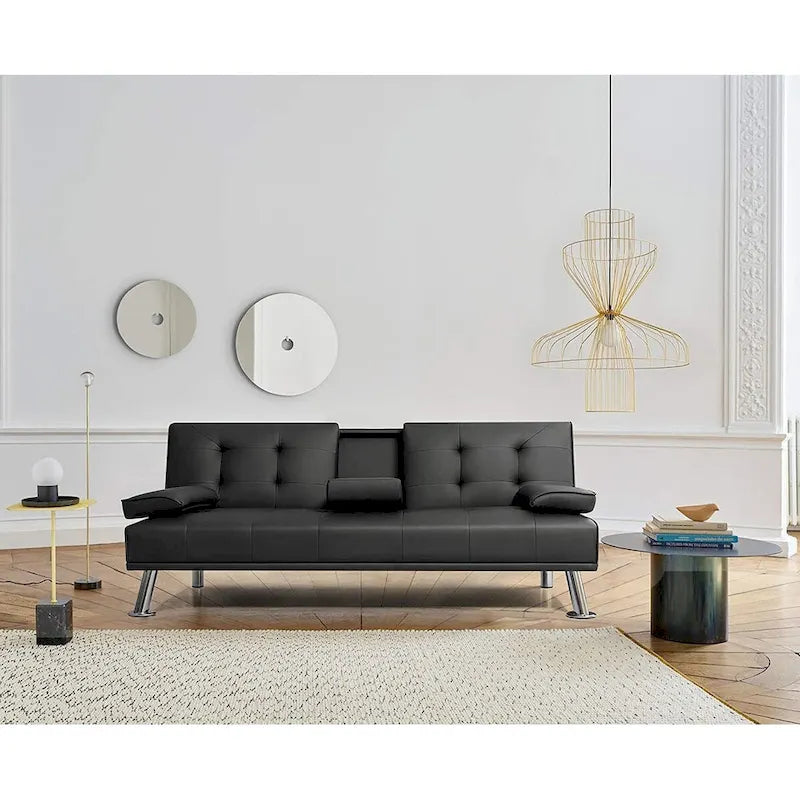 Furniwell Futon moderne en similicuir avec porte-gobelets et oreillers, 65