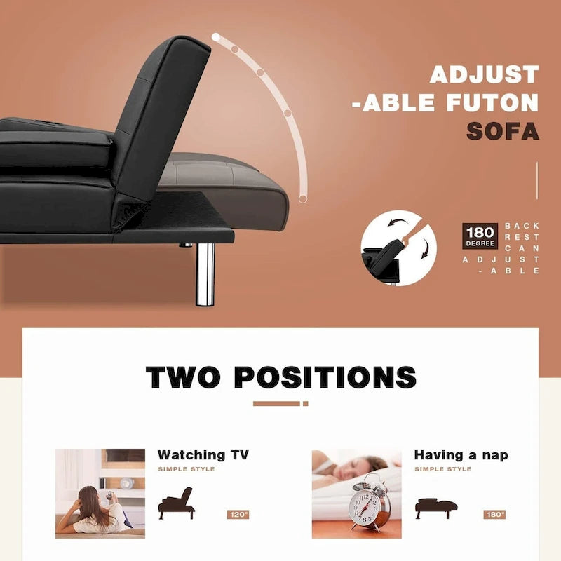 Furniwell Futon moderne en similicuir avec porte-gobelets et oreillers, 65
