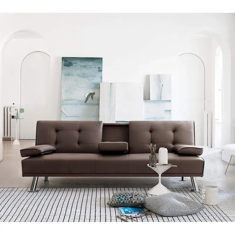 Furniwell Futon moderne en similicuir avec porte-gobelets et oreillers, 65
