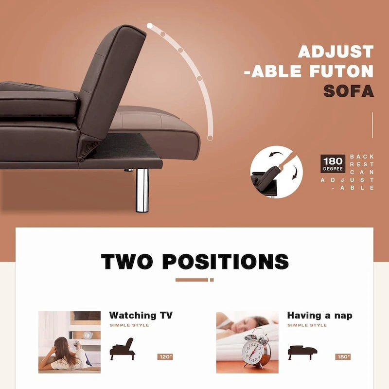 Furniwell Futon moderne en similicuir avec porte-gobelets et oreillers, 65