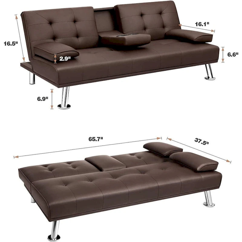 Furniwell Futon moderne en similicuir avec porte-gobelets et oreillers, 65