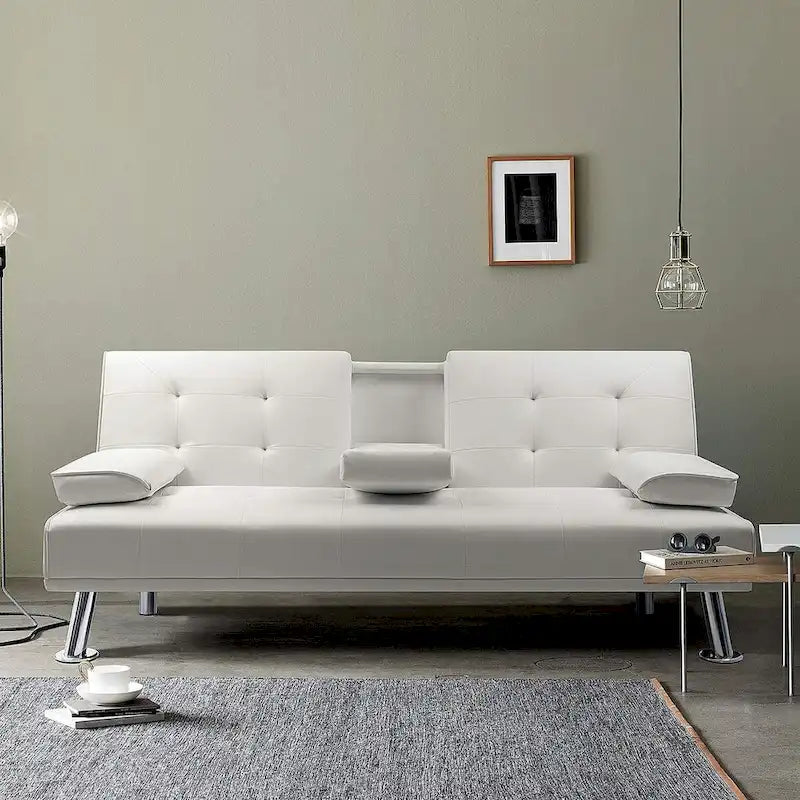Furniwell Futon moderne en similicuir avec porte-gobelets et oreillers, 65