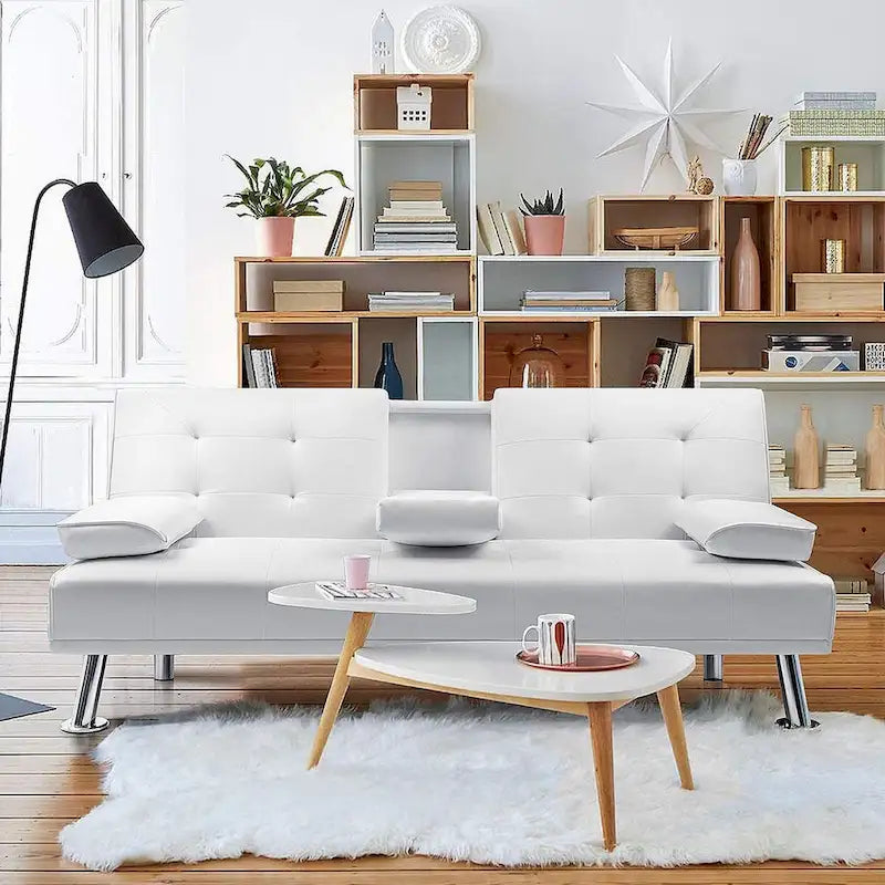 Furniwell Futon moderne en similicuir avec porte-gobelets et oreillers, 65