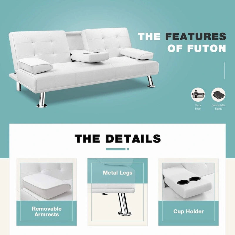 Furniwell Futon moderne en similicuir avec porte-gobelets et oreillers, 65