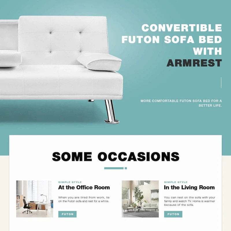 Furniwell Futon moderne en similicuir avec porte-gobelets et oreillers, 65