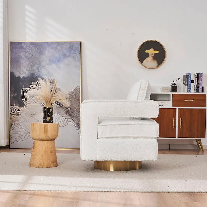 Fauteuil pivotant moderne Ouyessir avec dossier ajouré et base dorée