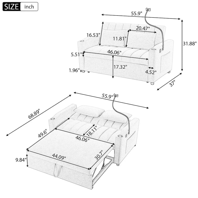 Canapé convertible 2 places avec ports USB